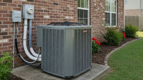 Outdoor air conditioner condenser unit installed beside a brick house