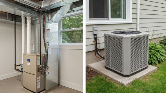 A new gas furnace indoors and the matching air conditioner unit outside the same home